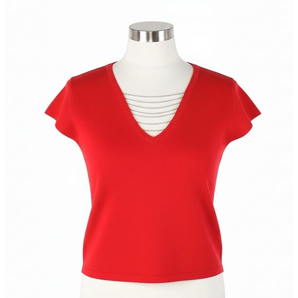 Cable & Gauge Red Chain Embellished V-Neck Short Sleeve Blouse Crop Top Sz M - Picture 4 of 10